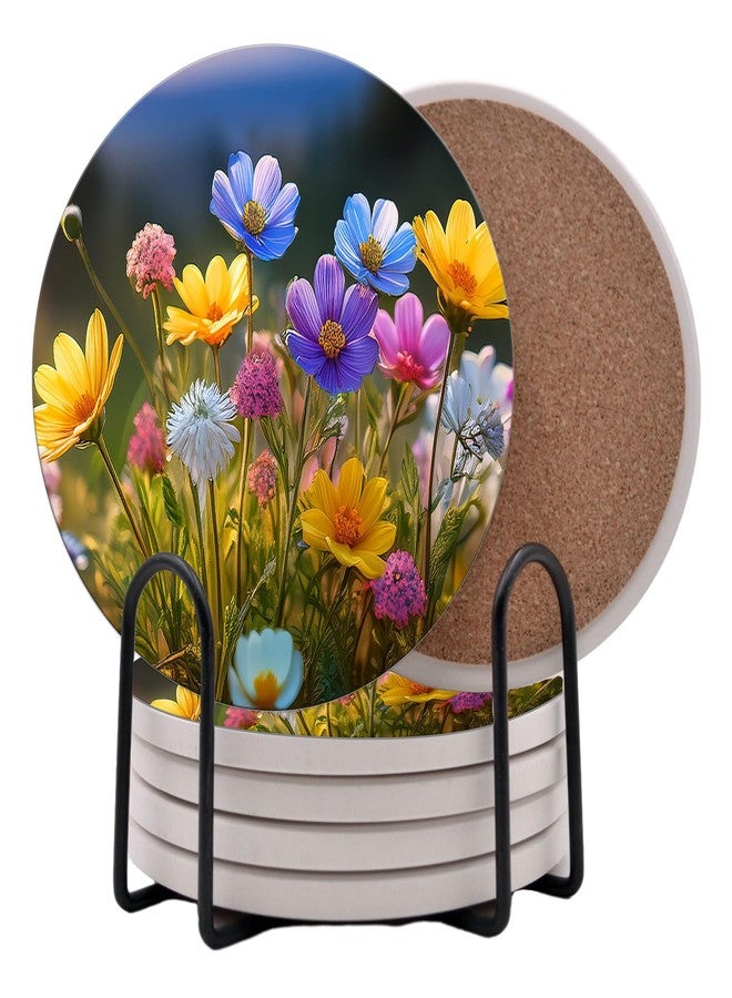 DAJDC Flowers Wildflowers Floral Round Coasters Set of 6 - Abosrbent Ceramic Coasters with Metal Stand for Drinks, Coffee, Non-Slip Cork Back for Tabletop Protection, 4 Inches (Wildflowers) - Image 1